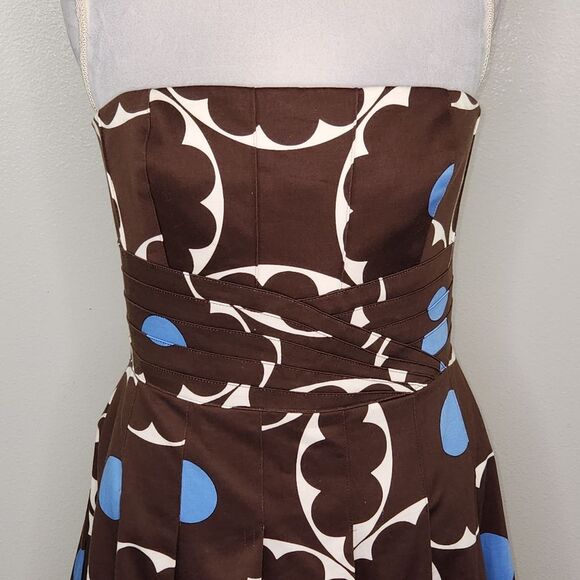 VTG Kay Unger Brown & Blue Polka Dot Strapless Fit & Flare Pleated Hem Dress 12 - Picture 4 of 15